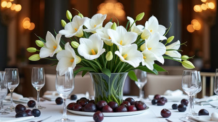 Elegant white lilies centerpiece on formal dining table with plums and crystal glasses. That the image is generated using AI.の素材