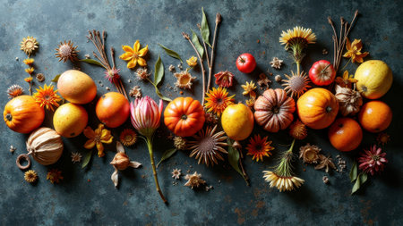 Autumn harvest bounty: vibrant display of pumpkins, gourds, and seasonal flowers. That the image is generated using AI.の素材