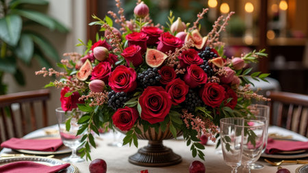 Elegant floral centerpiece with red roses and figs in decorative vase on formal dining table. That the image is generated using AI.の素材
