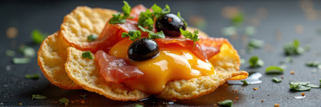 Gourmet nachos with melted cheese, bacon, olives, and fresh herbs on crispy bites. That the image is generated using AI.の素材