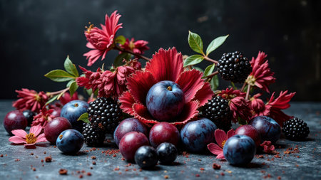 Vibrant arrangement of fresh plums, blackberries, and red flowers on dark background. That the image is generated using AI.の素材