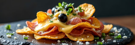 Gourmet nachos with melted cheese, pepperoni, olives, and herbs on slate plate. That the image is generated using AI.の素材