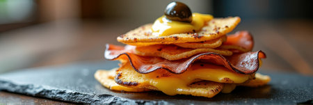 Gourmet stack with crispy layers, melty cheese, and olive garnish on slate plate. That the image is generated using AI.の素材