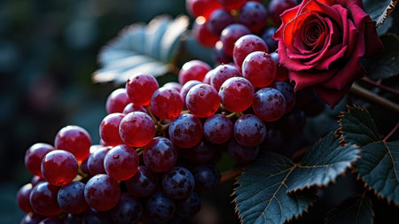Red grapes and rose close-up with green leaves in natural light. That the image is generated using AI.の素材