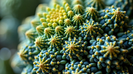 Close-up of vibrant green and yellow broccoli romanesco with unique geometric patterns. That the image is generated using AI.の素材
