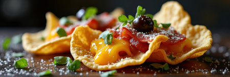 Savory nachos with cheese, salami, olives, and fresh herbs on rustic wooden table. That the image is generated using AI.の素材