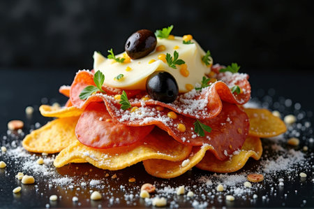 Gourmet nachos with pepperoni, cheese, olives, and herbs on a dark background. That the image is generated using AI.の素材