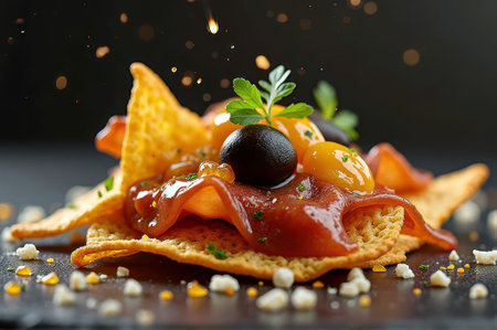 Delicious nachos with cheese, black olives, cherry tomatoes, and fresh herbs. That the image is generated using AI.の素材