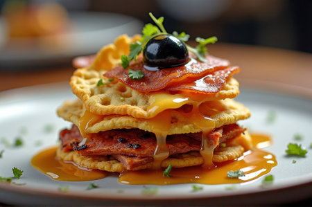 Stack of savory waffles with crispy bacon, maple syrup, and olive garnish on plate. That the image is generated using AI.の素材