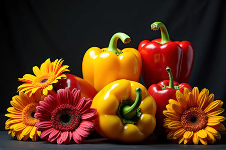 Colorful arrangement of red and yellow bell peppers with vibrant gerbera daisies. That the image is generated using AI.の素材
