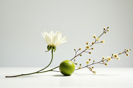 Minimalist floral arrangement with white daisy and lime on neutral background. That the image is generated using AI.の素材