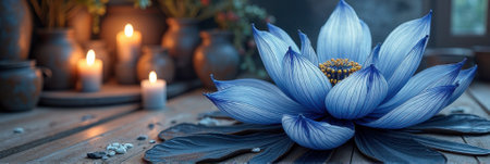 Serene blue lotus in candlelit setting with rustic decor. That the image is generated using AI.の素材
