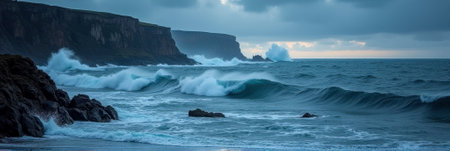 Dramatic coastal waves crashing against rocky cliffs at sunset. That the image is generated using AI.の素材