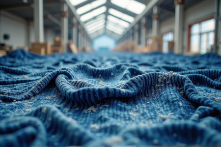 Industrial textile fabric close-up in a factory setting with blue patterns. That the image is generated using AI.の素材