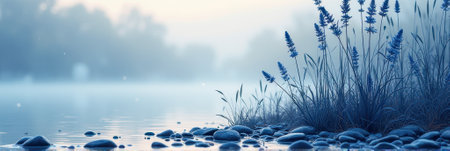 Serene misty lakeside with tranquil blue flowers and smooth pebbles. That the image is generated using AI.の素材