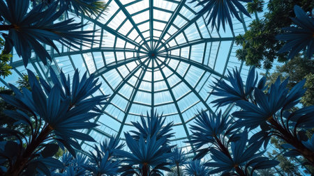 Glass domed botanical garden with blue palm trees and sunlit tropical foliage. That the image is generated using AI.の素材