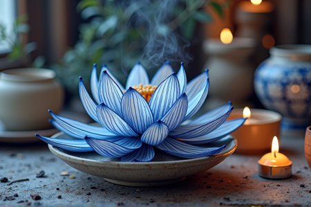 Blue ceramic lotus incense holder with candles and tea set in peaceful aromatherapy setting. That the image is generated using AI.の素材