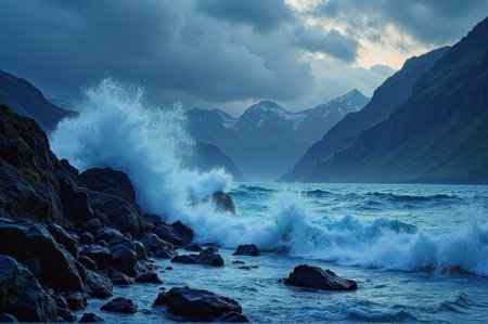 Dramatic waves crash against rocky shore at dusk in serene mountainous landscape. That the image is generated using AI.の素材
