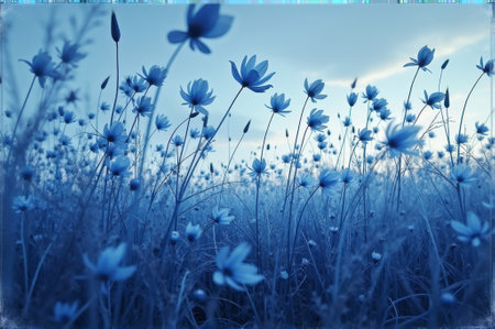 Tranquil blue wildflowers in a dreamy field at sunset. That the image is generated using AI.の素材
