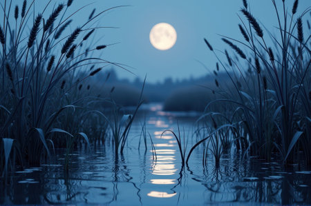 Serene full moon reflected in tranquil river surrounded by reeds at dusk. That the image is generated using AI.の素材