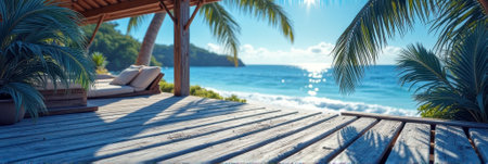 Serene tropical beachfront deck with palm trees and ocean views. That the image is generated using AI.の素材