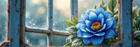 Vibrant blue flower blooming at rustic window with dew drops and green leaves. That the image is generated using AI.の素材