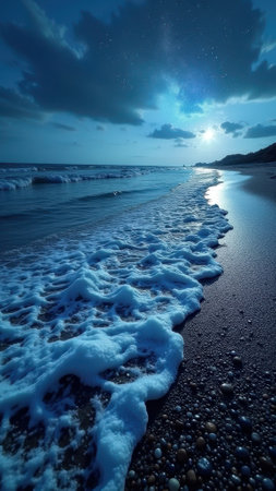 Moonlit ocean shoreline with starry night and gentle waves under cloudy sky. That the image is generated using AI.の素材