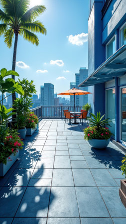 Sunny urban rooftop terrace with vibrant plants and cityscape view. That the image is generated using AI.の素材
