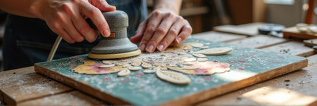 Asian female artisan crafting wooden floral artwork with sander in workshop. That the image is generated using AI.の素材