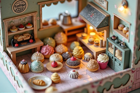 Miniature bakery diorama with assorted pastries in cozy pastel setting. That the image is generated using AI.の素材