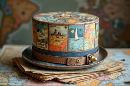 Decorative hat with vintage world map design on stack of papers overlaid on world maps. That the image is generated using AI.の素材
