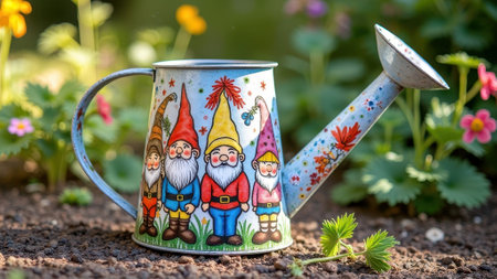 Decorative watering can with colorful garden gnome design on soil with flowers. That the image is generated using AI.の素材