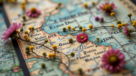 Vintage map decorated with vibrant pink and yellow flowers. That the image is generated using AI.の素材