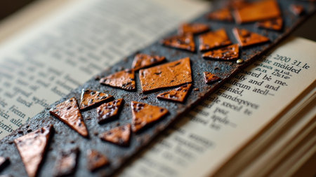Intricately designed craft bookmark resting on open book pages. That the image is generated using AI.の素材