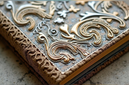 Ornate vintage book cover with intricate embossed floral designs. That the image is generated using AI.の素材