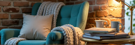 Cozy reading corner with armchair, blanket, and warm lighting in brick interior. That the image is generated using AI.の素材
