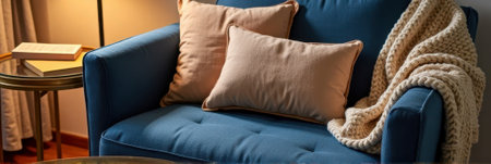 Cozy blue sofa with beige cushions and knitted blanket in living room. That the image is generated using AI.の素材