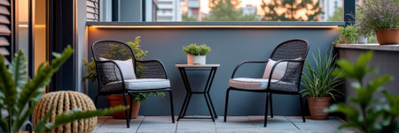 Cozy urban balcony with two chairs and potted plants at sunset. That the image is generated using AI.の素材