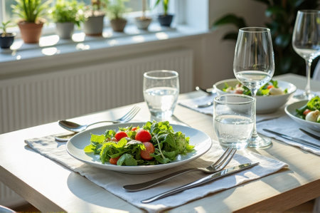 Fresh green salad served on sunlit dining table by window. That the image is generated using AI.の素材