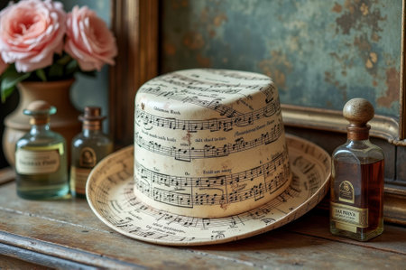 Vintage music-themed hat with sheet music design on rustic table with perfume bottles. That the image is generated using AI.の素材