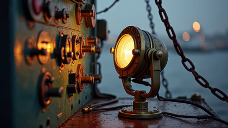 Vintage nautical control panel with illuminated spotlight at twilight. That the image is generated using AI.の素材