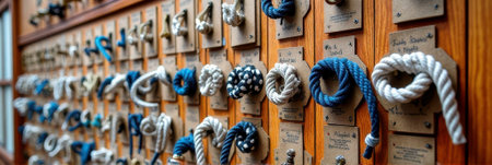 Diverse collection of nautical knots displayed on wooden board. That the image is generated using AI.の素材