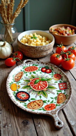 Festive tomato and citrus platter on wooden table with fresh ingredients. That the image is generated using AI.の素材
