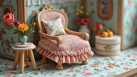 Vintage floral dollhouse interior with elegant chair and delicate decor.の素材