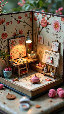 Miniature artistic studio with floral decor and intricate details.の素材