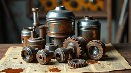Vintage rusted engine parts on newspaper in workshop setting.の素材