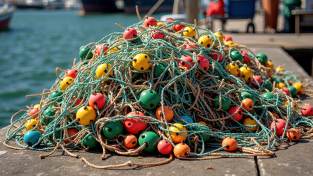 Colorful fishing nets and buoys on a sunny dockside by the sea.の素材
