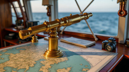 Vintage brass telescope on nautical map in sunlit ship's cabin.の素材