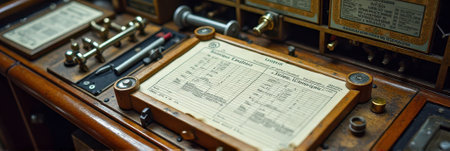 Vintage control panel with historical documents and instruments.の素材