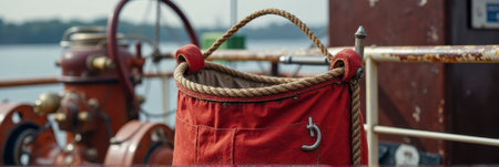 Nautical scene with red canvas bag and boat equipment by the water.の素材